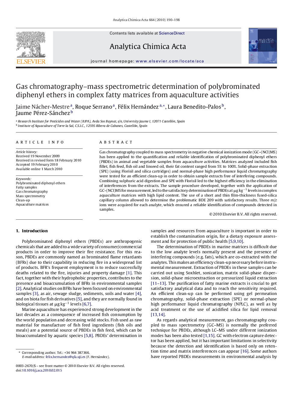 Gas chromatography–mass spectrometric determination of polybrominated diphenyl ethers in complex fatty matrices from aquaculture activities