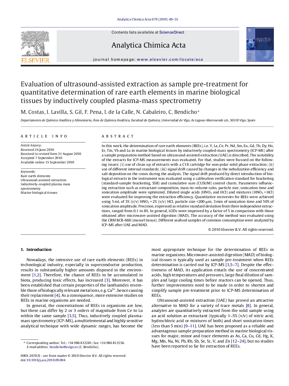 Evaluation of ultrasound-assisted extraction as sample pre-treatment for quantitative determination of rare earth elements in marine biological tissues by inductively coupled plasma-mass spectrometry