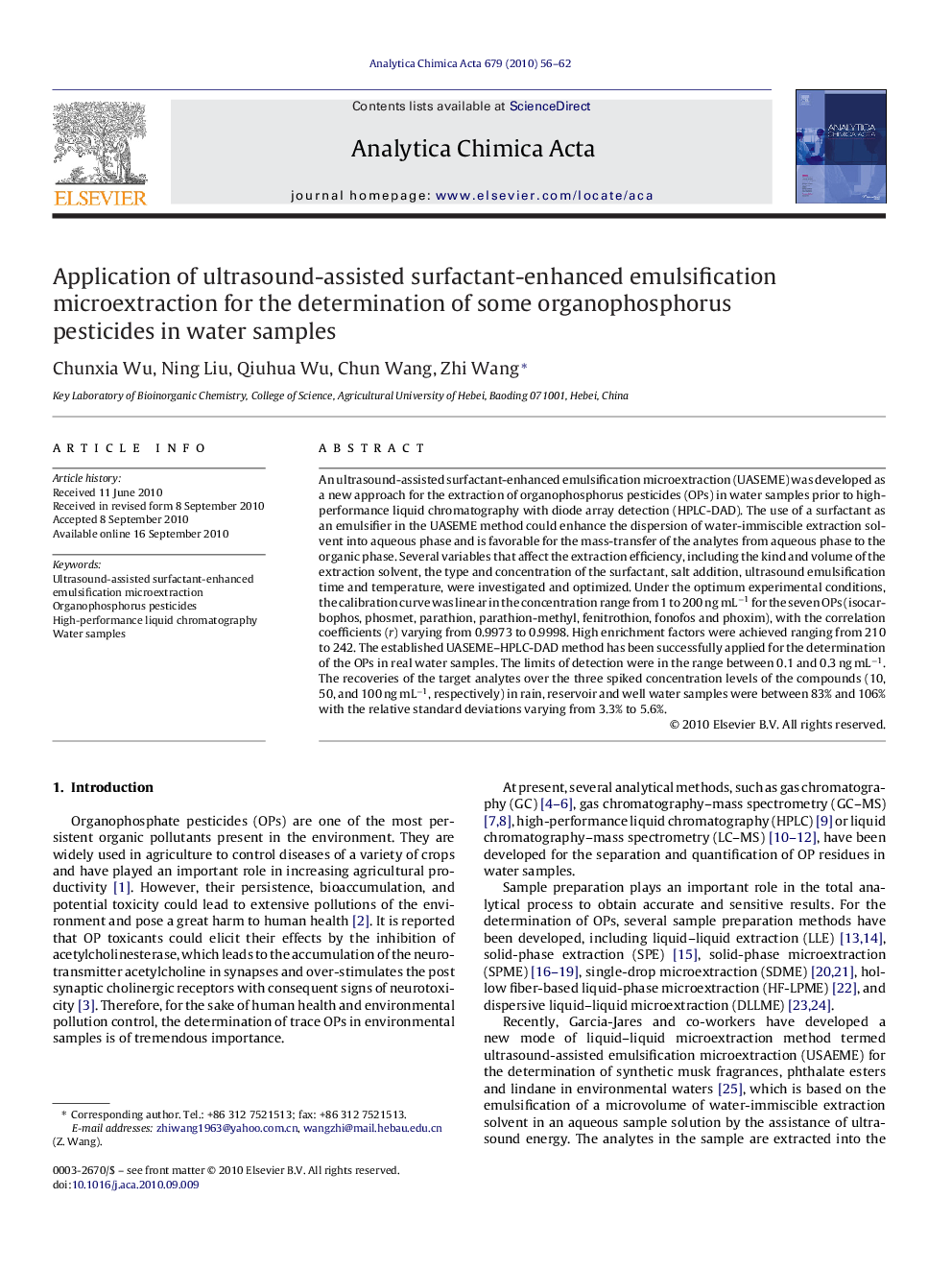 Application of ultrasound-assisted surfactant-enhanced emulsification microextraction for the determination of some organophosphorus pesticides in water samples