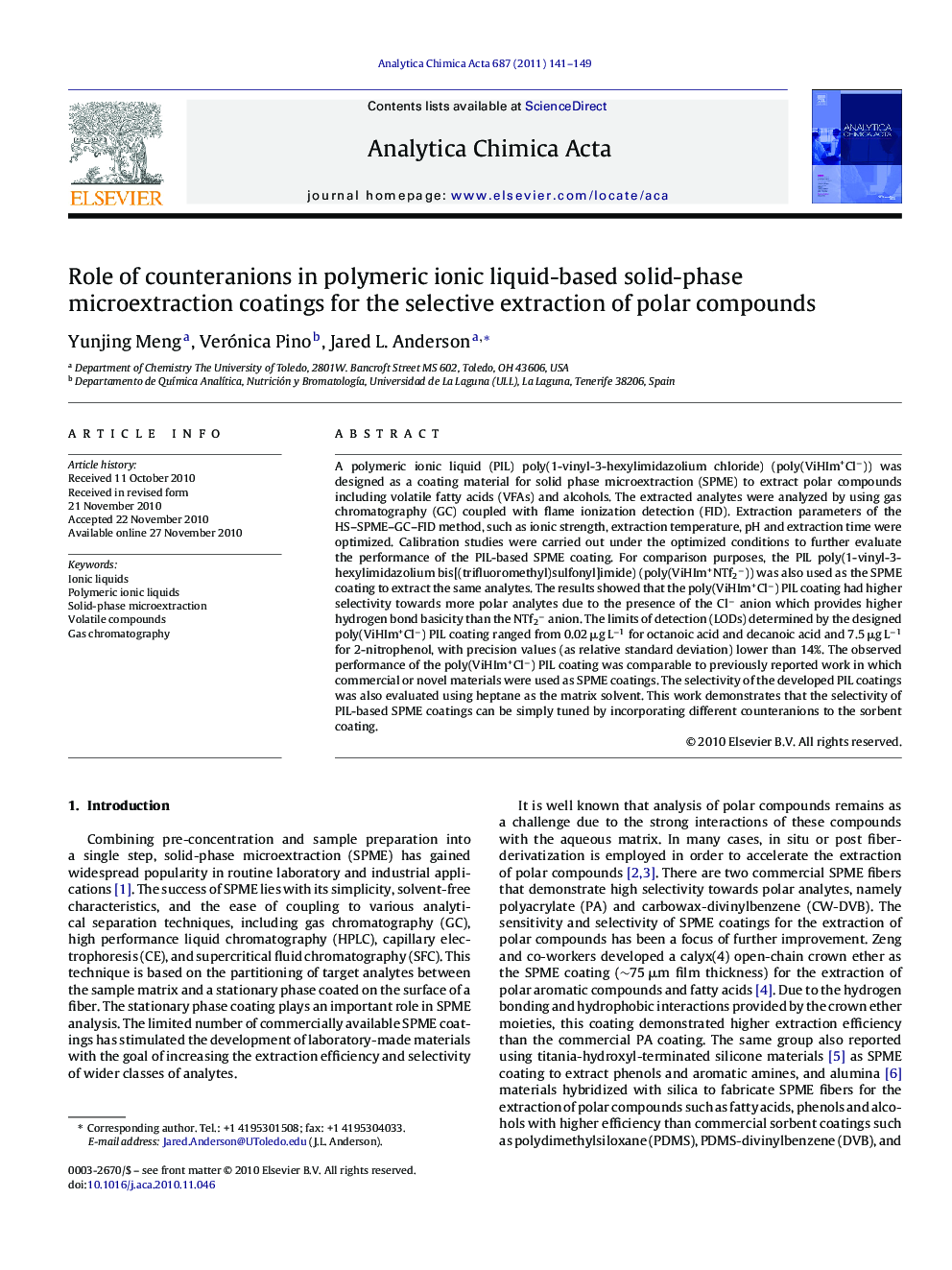 Role of counteranions in polymeric ionic liquid-based solid-phase microextraction coatings for the selective extraction of polar compounds