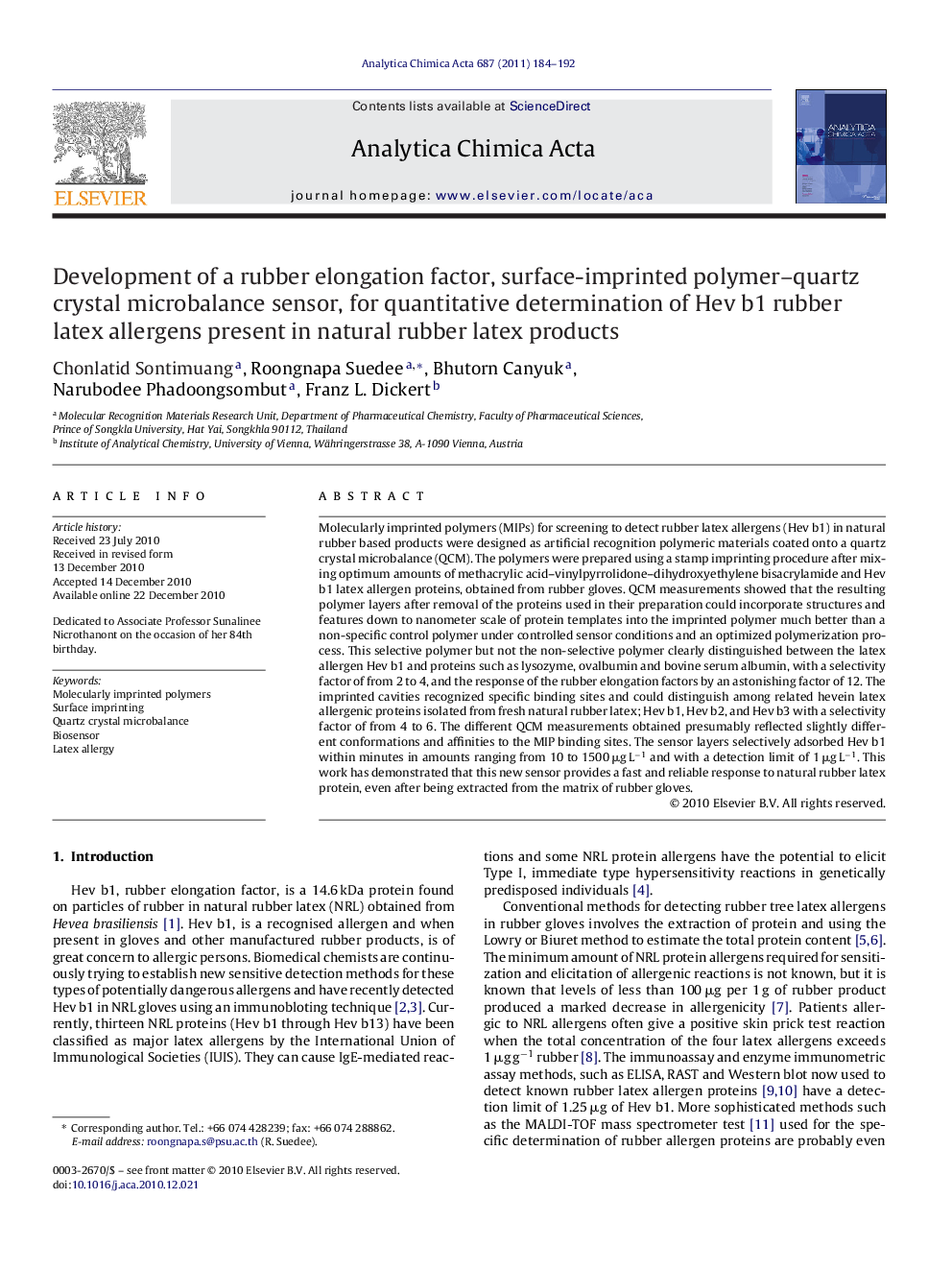 Development of a rubber elongation factor, surface-imprinted polymer–quartz crystal microbalance sensor, for quantitative determination of Hev b1 rubber latex allergens present in natural rubber latex products