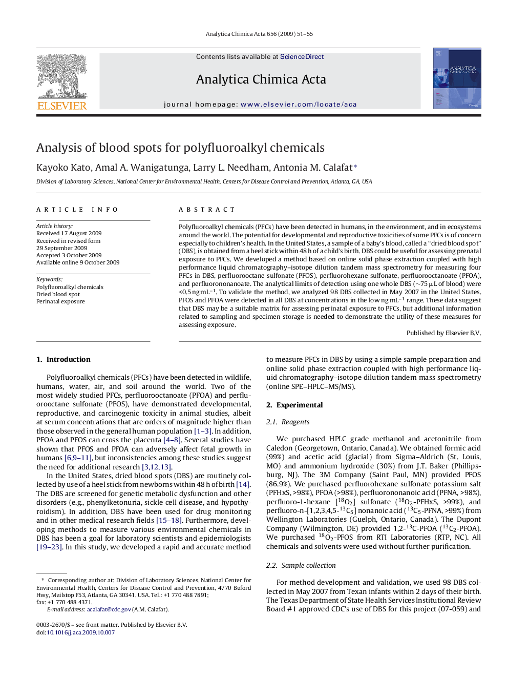 Analysis of blood spots for polyfluoroalkyl chemicals