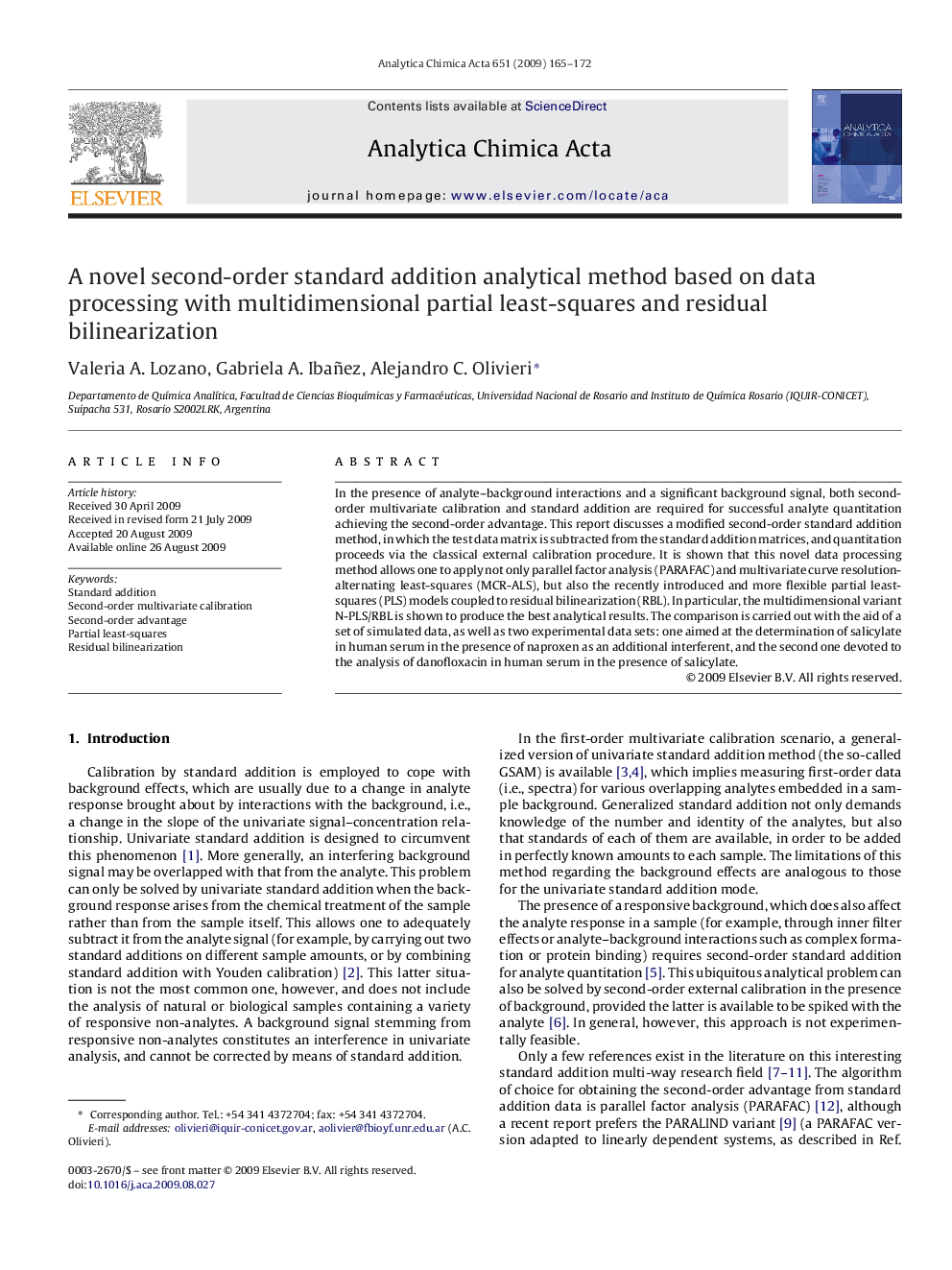 A novel second-order standard addition analytical method based on data processing with multidimensional partial least-squares and residual bilinearization