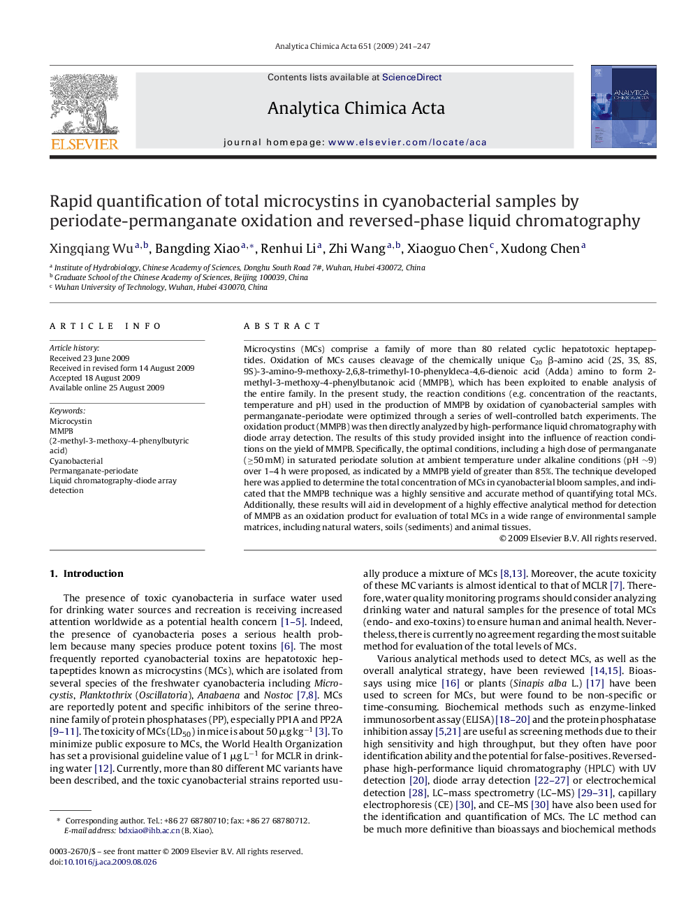 Rapid quantification of total microcystins in cyanobacterial samples by periodate-permanganate oxidation and reversed-phase liquid chromatography