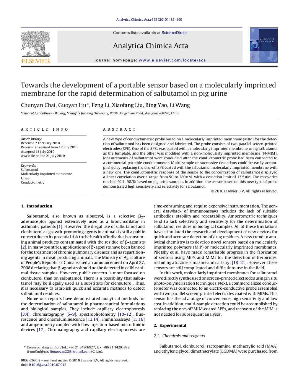 Towards the development of a portable sensor based on a molecularly imprinted membrane for the rapid determination of salbutamol in pig urine