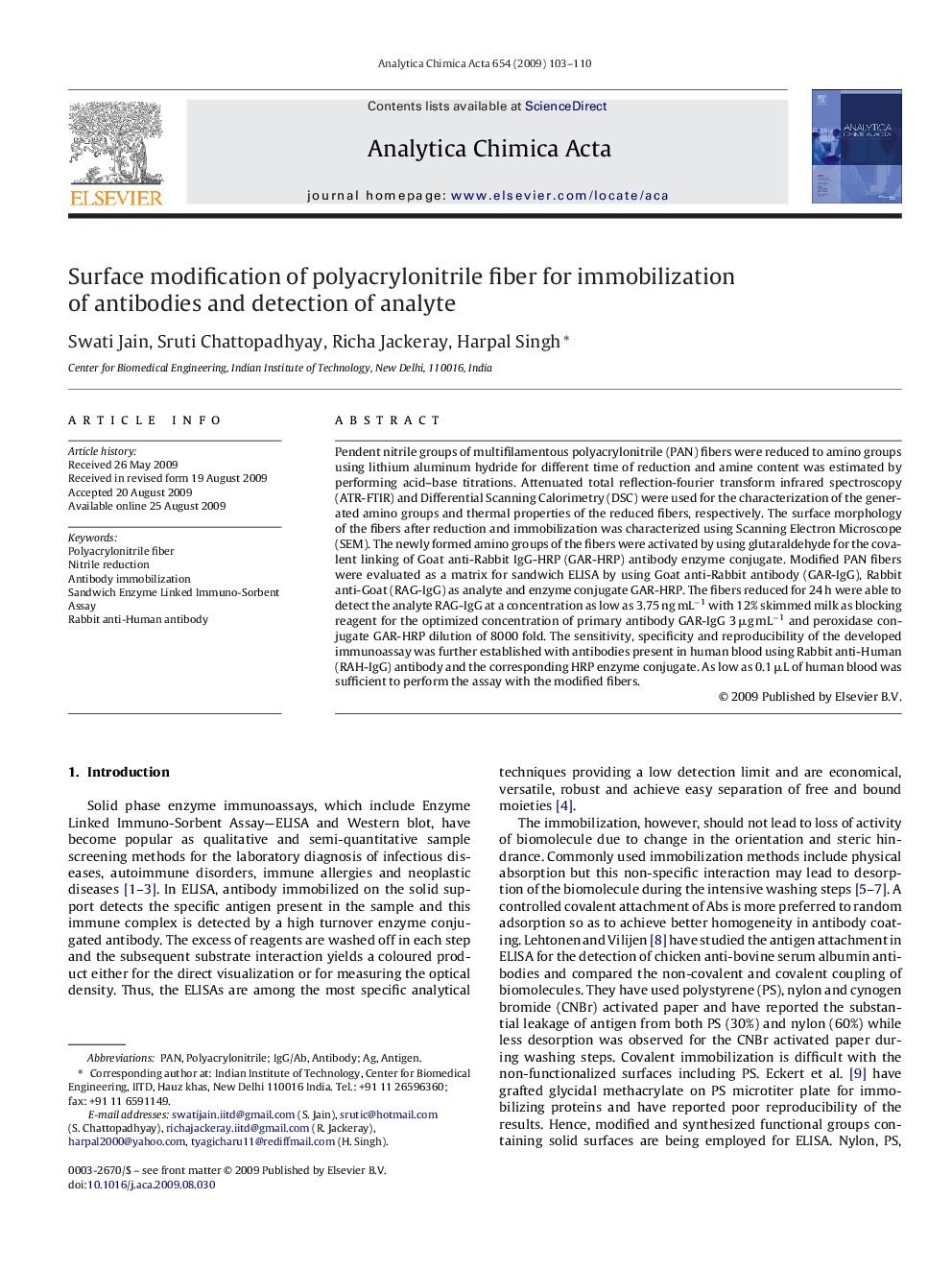 Surface modification of polyacrylonitrile fiber for immobilization of antibodies and detection of analyte