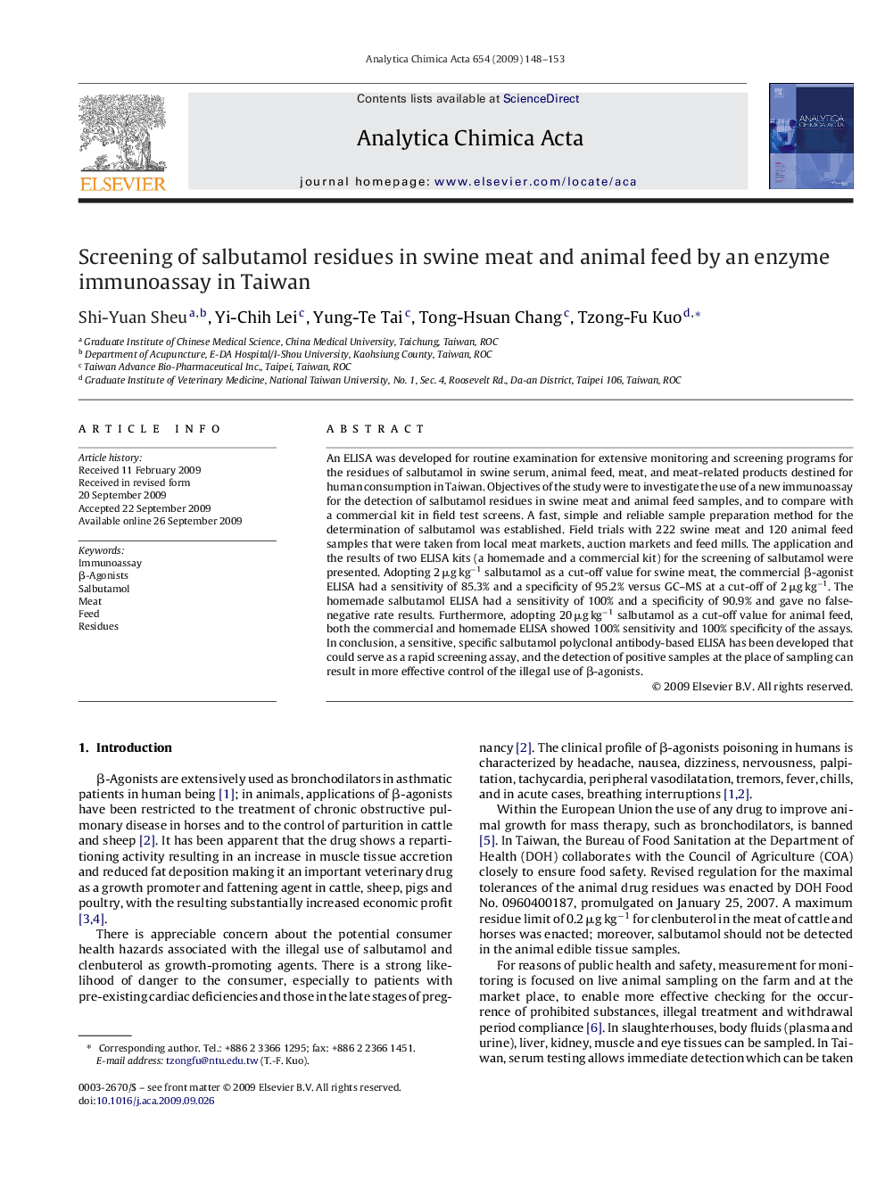 Screening of salbutamol residues in swine meat and animal feed by an enzyme immunoassay in Taiwan