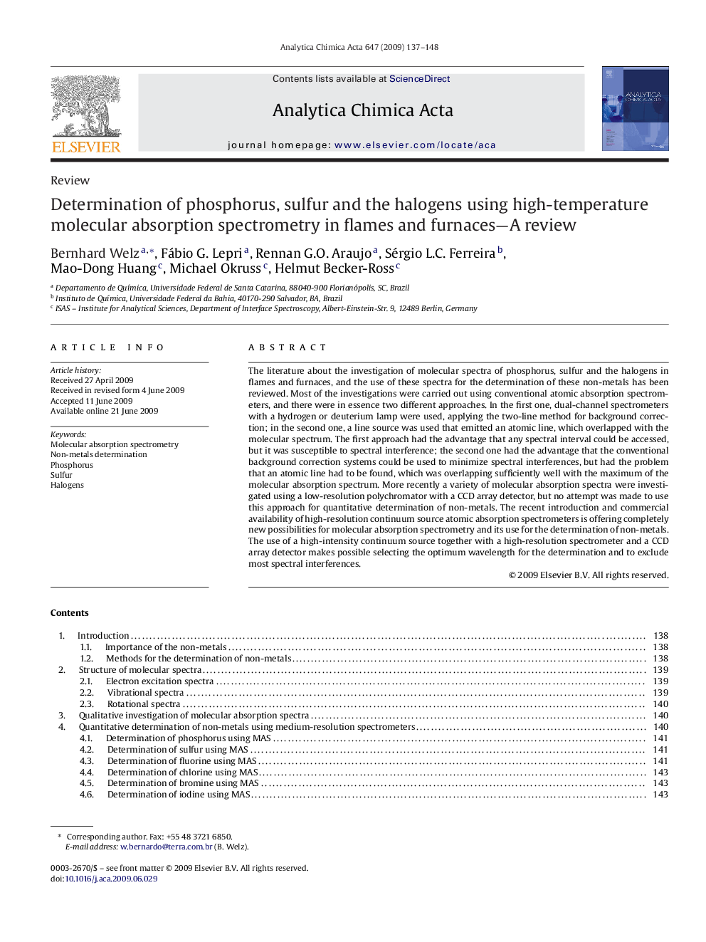 عکس صفحه اول مقاله: Determination of phosphorus, sulfur and the halogens using high-temperature molecular absorption spectrometry in flames and furnaces—A review Determination of phosphorus, sulfur and the halogens using high-temperature molecular absorption spectrometry in flames and furnaces—A review