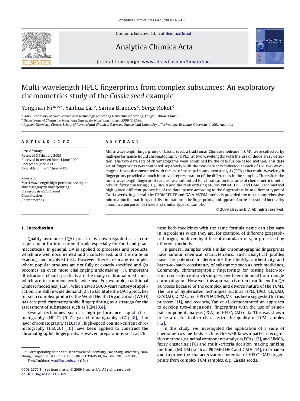 Multi-wavelength HPLC fingerprints from complex substances: An exploratory chemometrics study of the Cassia seed example