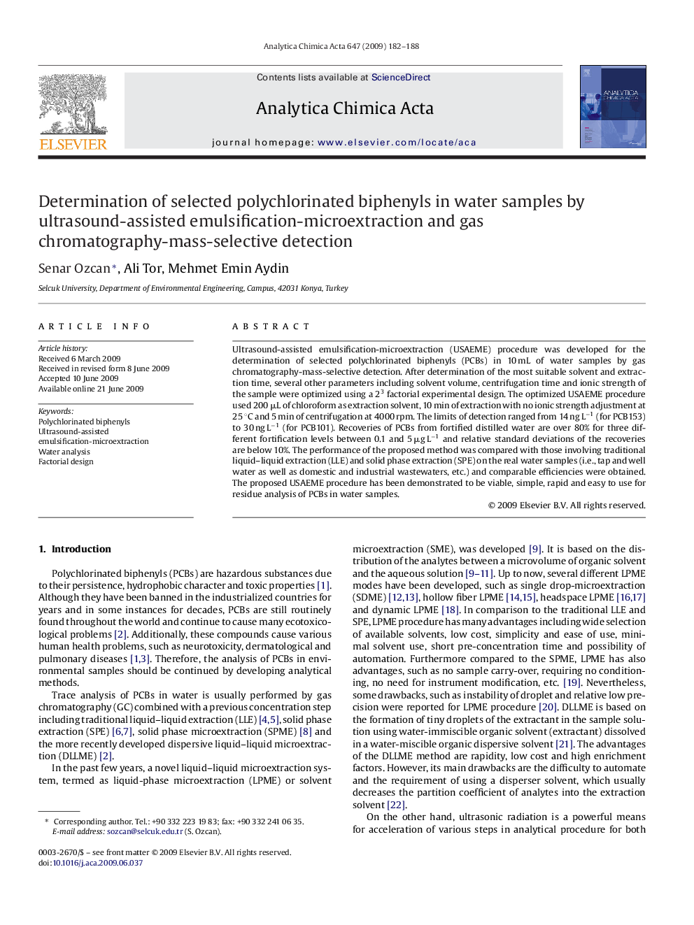 Determination of selected polychlorinated biphenyls in water samples by ultrasound-assisted emulsification-microextraction and gas chromatography-mass-selective detection