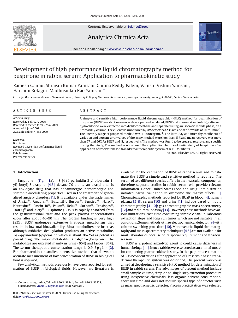 Development of high performance liquid chromatography method for buspirone in rabbit serum: Application to pharmacokinetic study