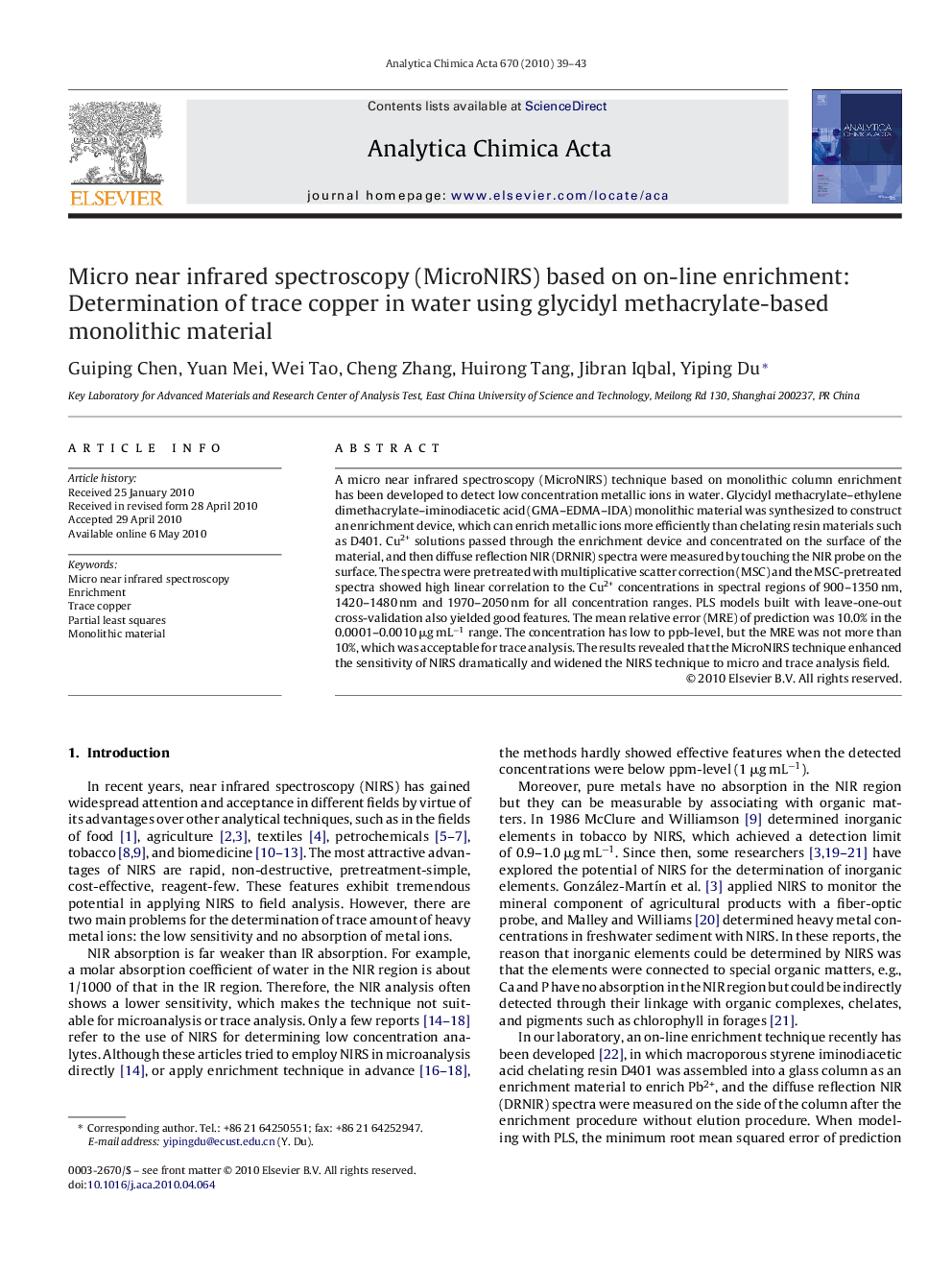 Micro near infrared spectroscopy (MicroNIRS) based on on-line enrichment: Determination of trace copper in water using glycidyl methacrylate-based monolithic material