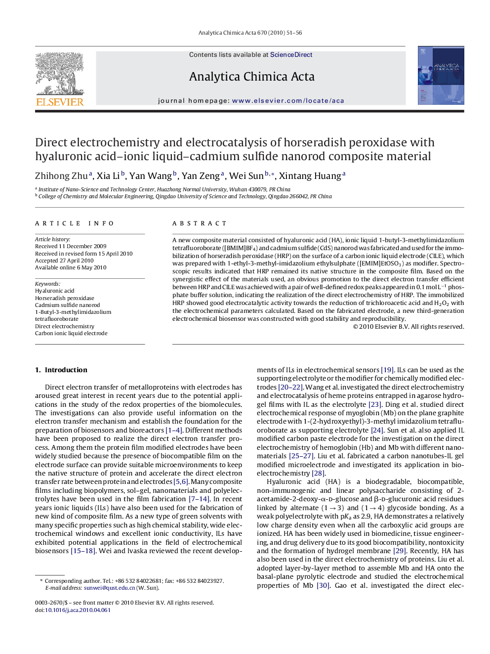 Direct electrochemistry and electrocatalysis of horseradish peroxidase with hyaluronic acid–ionic liquid–cadmium sulfide nanorod composite material