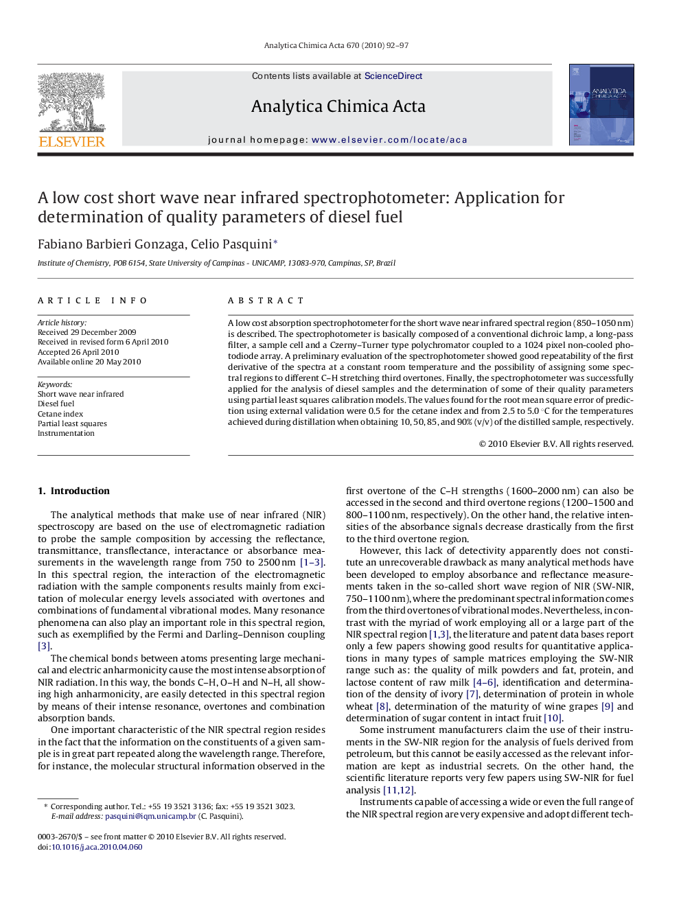 A low cost short wave near infrared spectrophotometer: Application for determination of quality parameters of diesel fuel