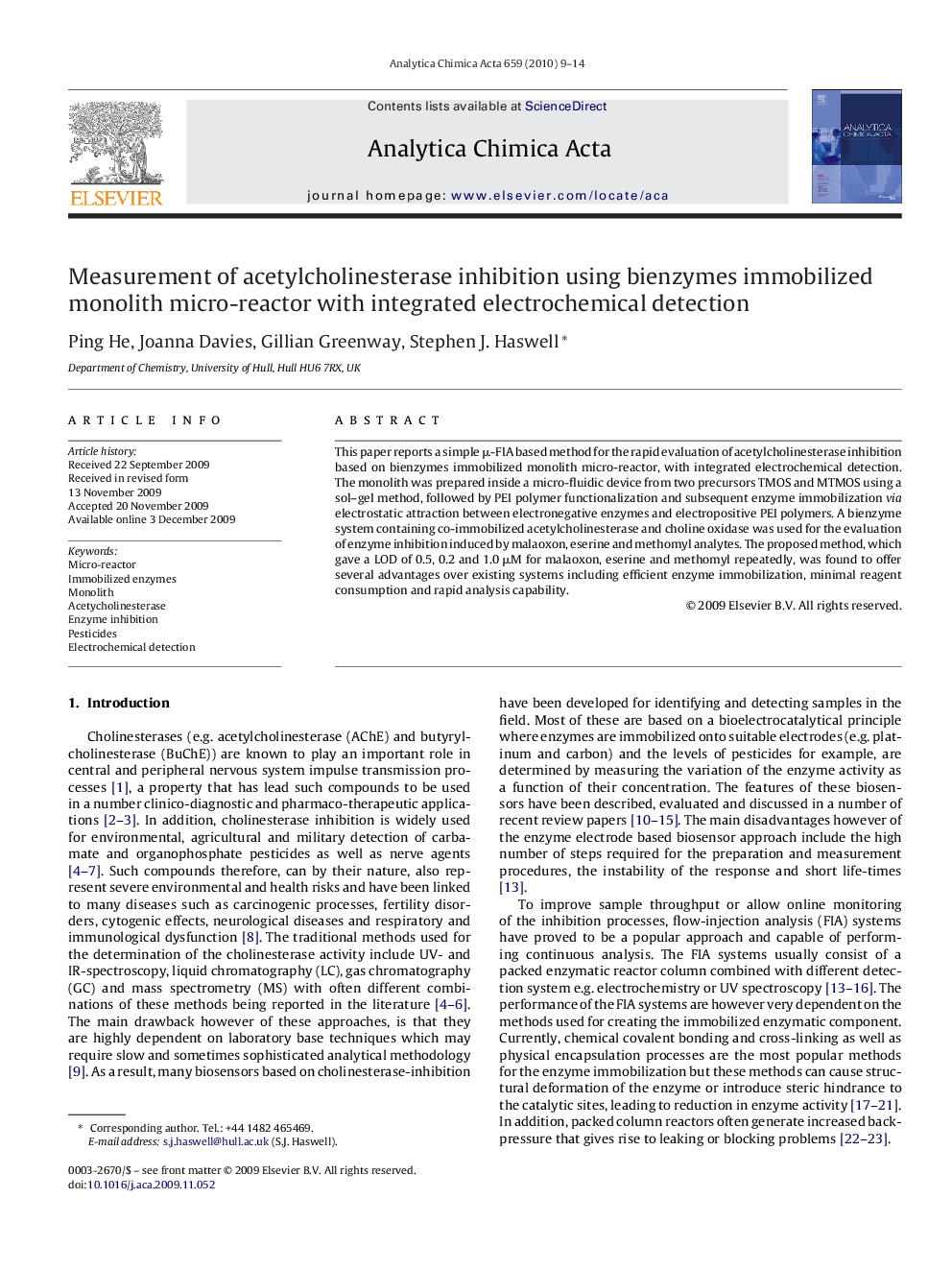 Measurement of acetylcholinesterase inhibition using bienzymes immobilized monolith micro-reactor with integrated electrochemical detection