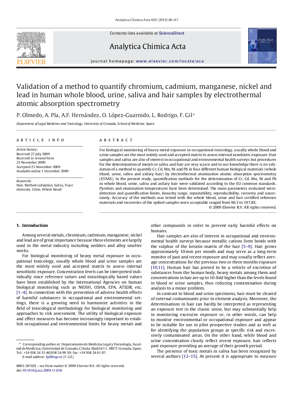 Validation of a method to quantify chromium, cadmium, manganese, nickel and lead in human whole blood, urine, saliva and hair samples by electrothermal atomic absorption spectrometry