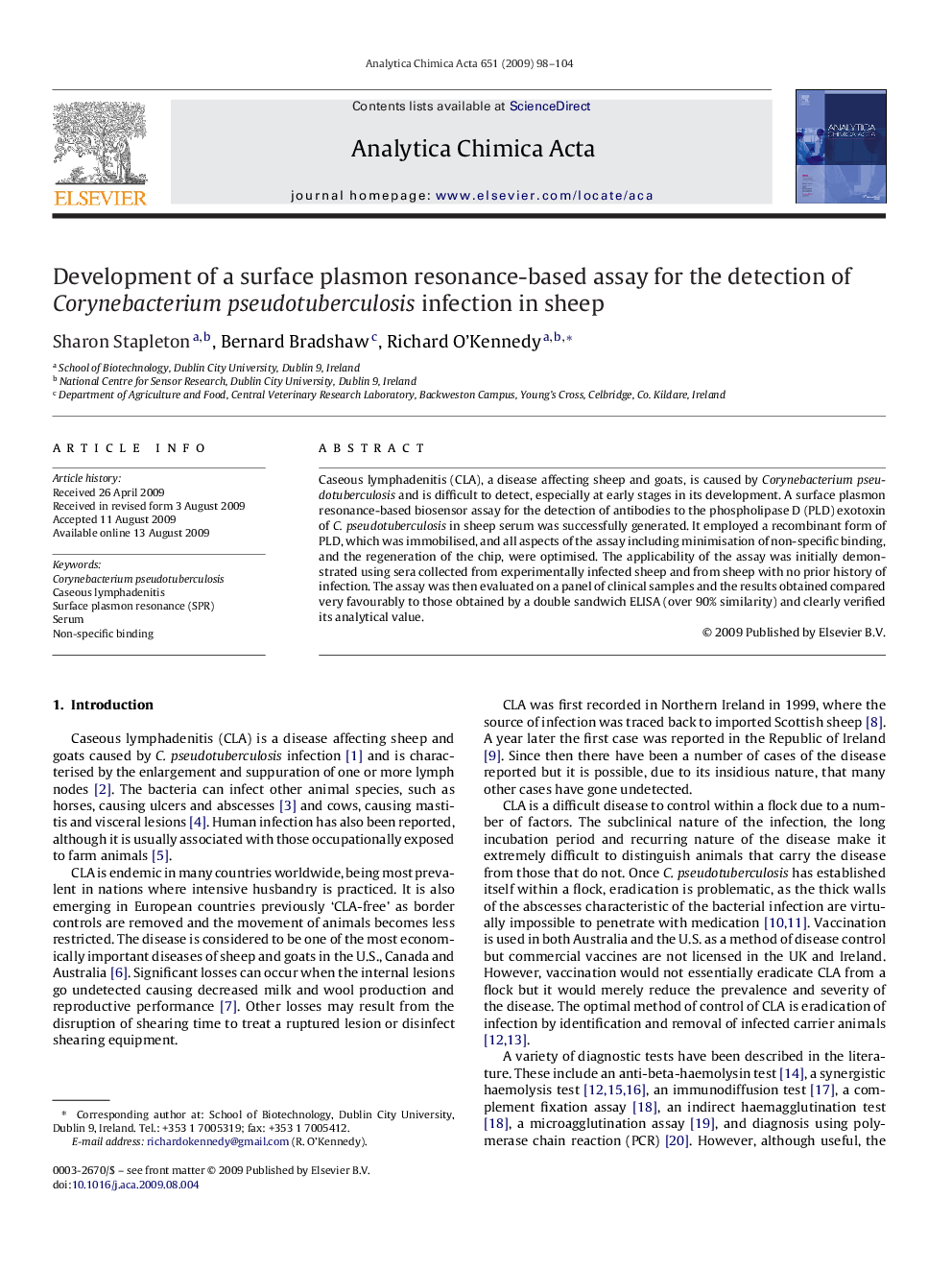 Development of a surface plasmon resonance-based assay for the detection of Corynebacterium pseudotuberculosis infection in sheep