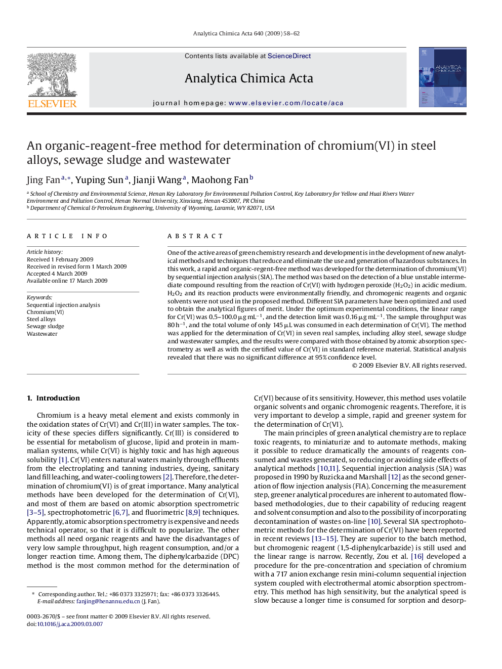 An organic-reagent-free method for determination of chromium(VI) in steel alloys, sewage sludge and wastewater