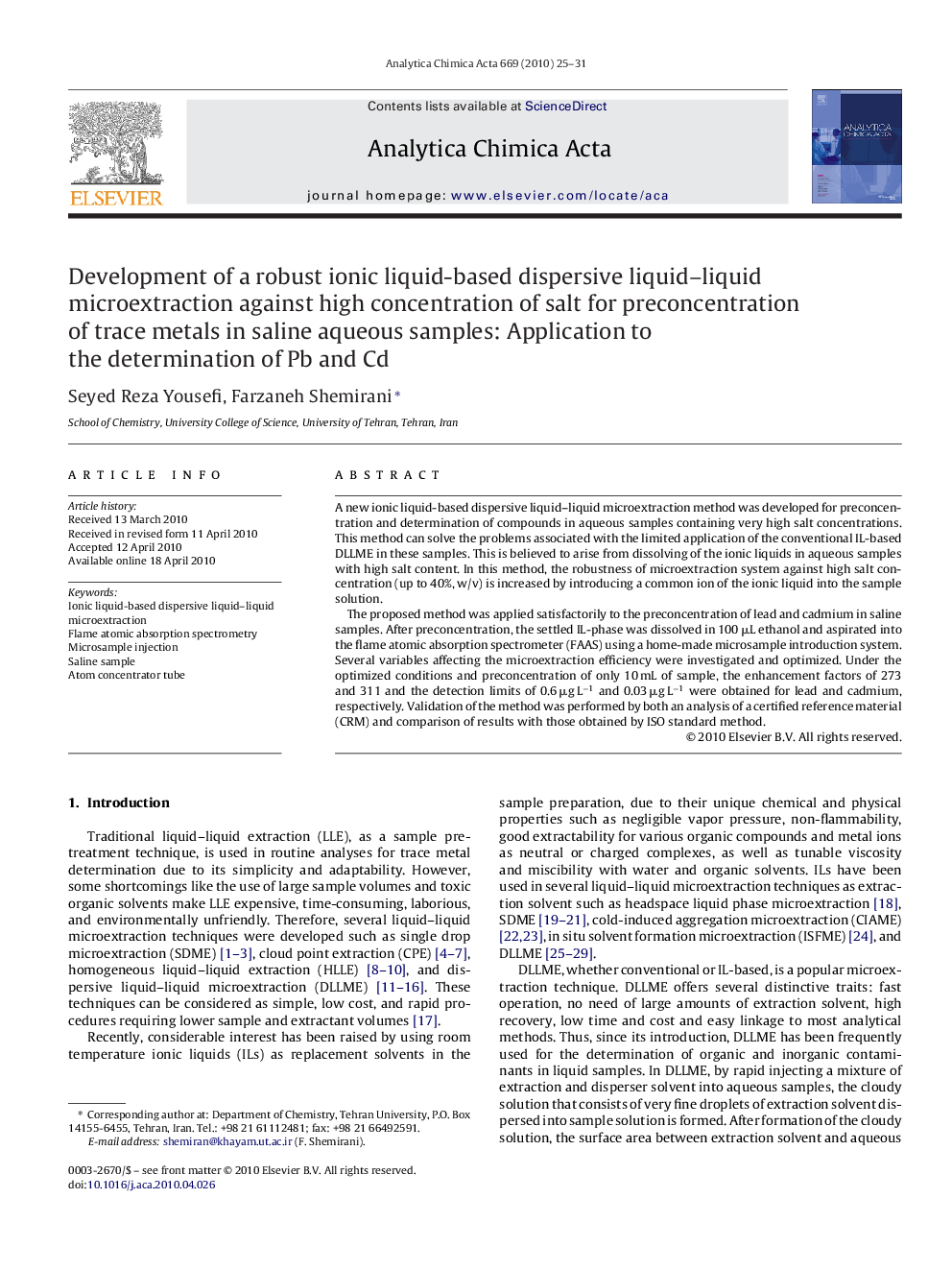 Development of a robust ionic liquid-based dispersive liquid–liquid microextraction against high concentration of salt for preconcentration of trace metals in saline aqueous samples: Application to the determination of Pb and Cd
