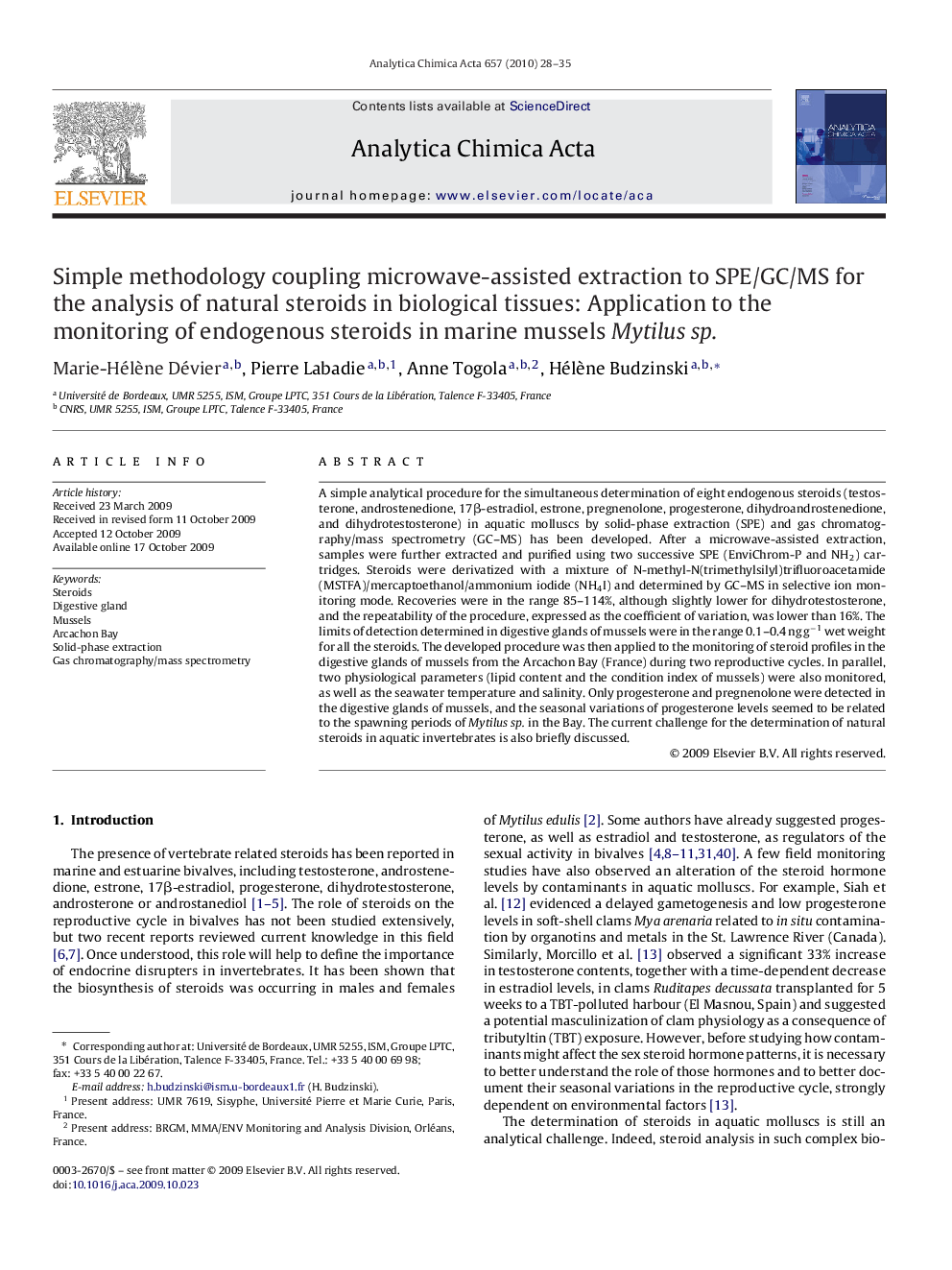 Simple methodology coupling microwave-assisted extraction to SPE/GC/MS for the analysis of natural steroids in biological tissues: Application to the monitoring of endogenous steroids in marine mussels Mytilus sp.