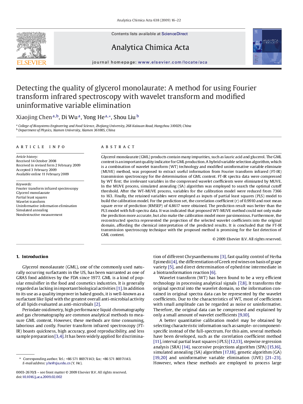 Detecting the quality of glycerol monolaurate: A method for using Fourier transform infrared spectroscopy with wavelet transform and modified uninformative variable elimination