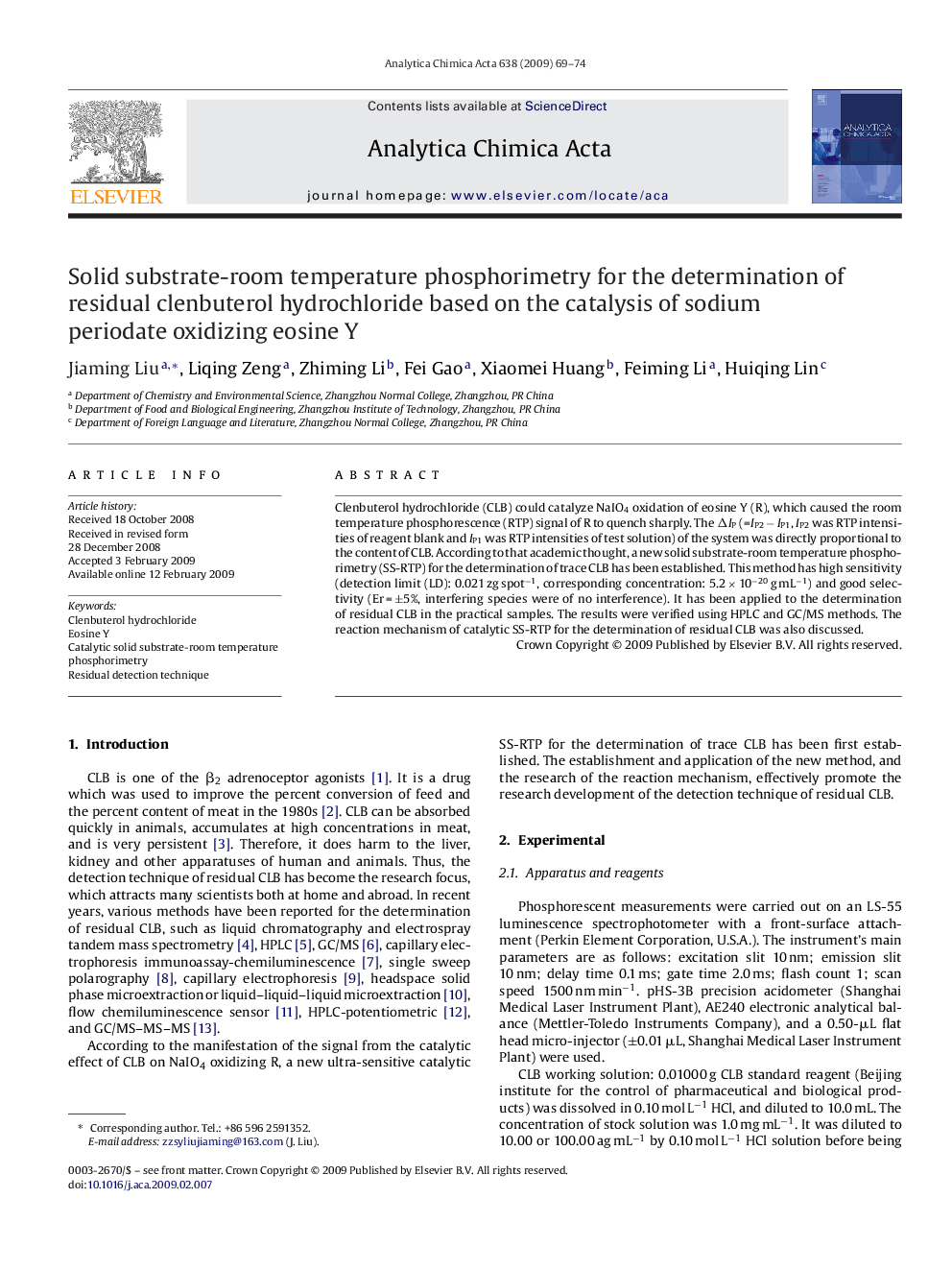 Solid substrate-room temperature phosphorimetry for the determination of residual clenbuterol hydrochloride based on the catalysis of sodium periodate oxidizing eosine Y