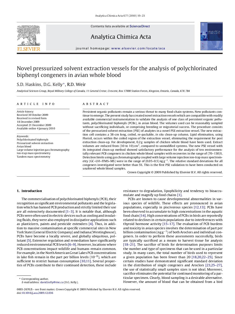 Novel pressurized solvent extraction vessels for the analysis of polychlorinated biphenyl congeners in avian whole blood