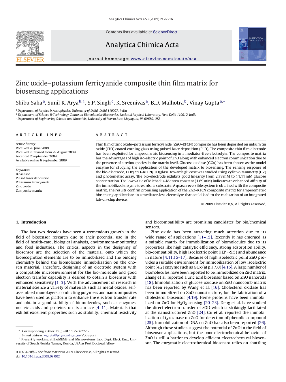 Zinc oxide–potassium ferricyanide composite thin film matrix for biosensing applications