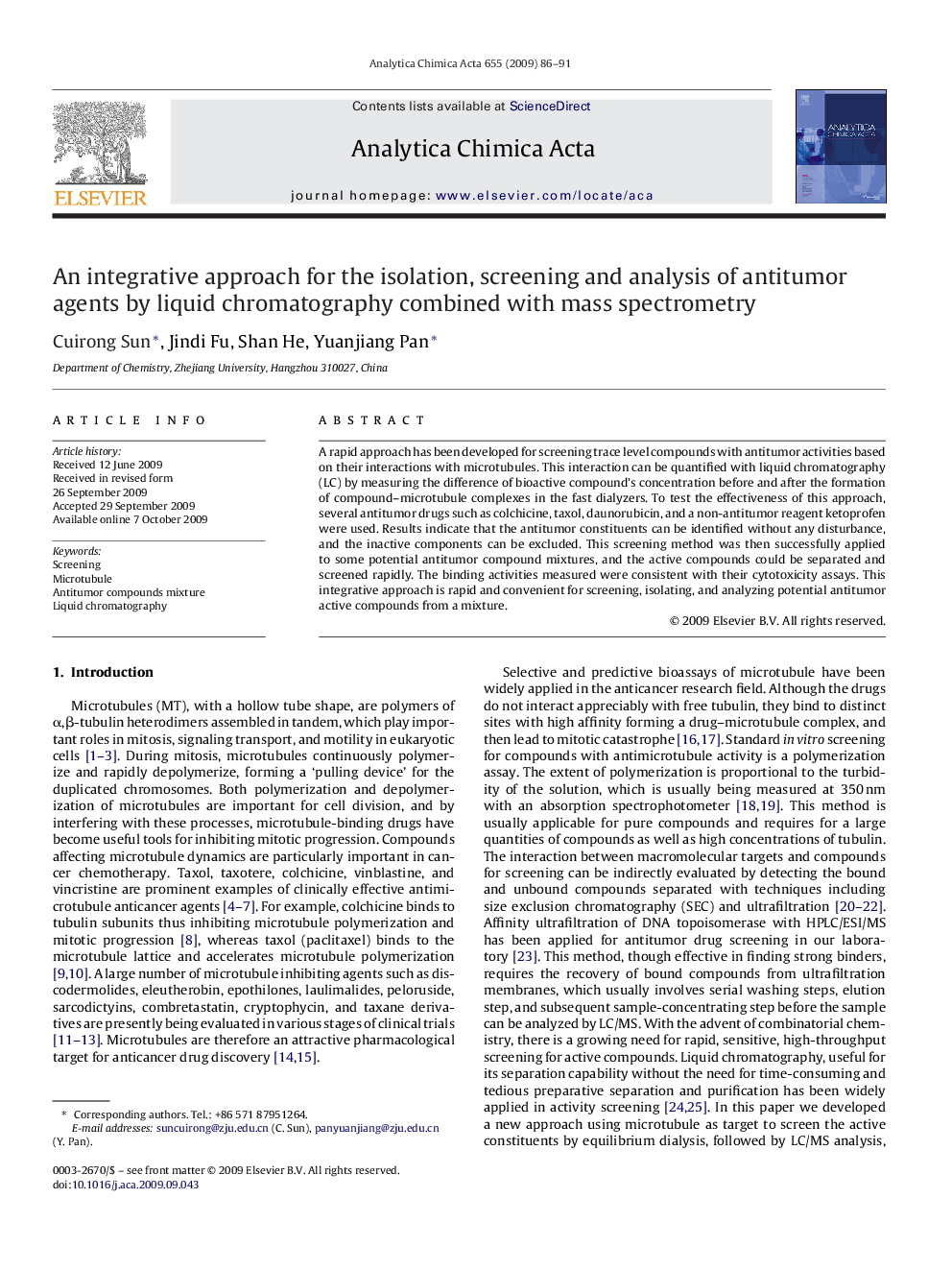 An integrative approach for the isolation, screening and analysis of antitumor agents by liquid chromatography combined with mass spectrometry