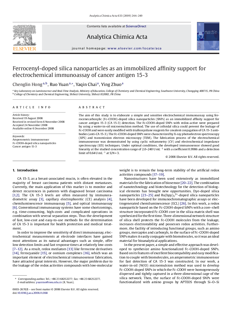 Ferrocenyl-doped silica nanoparticles as an immobilized affinity support for electrochemical immunoassay of cancer antigen 15-3