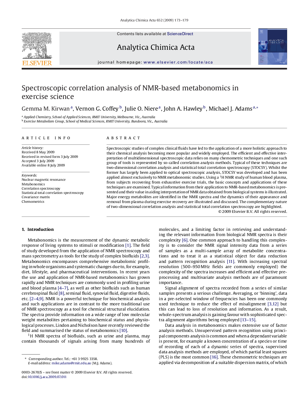 Spectroscopic correlation analysis of NMR-based metabonomics in exercise science