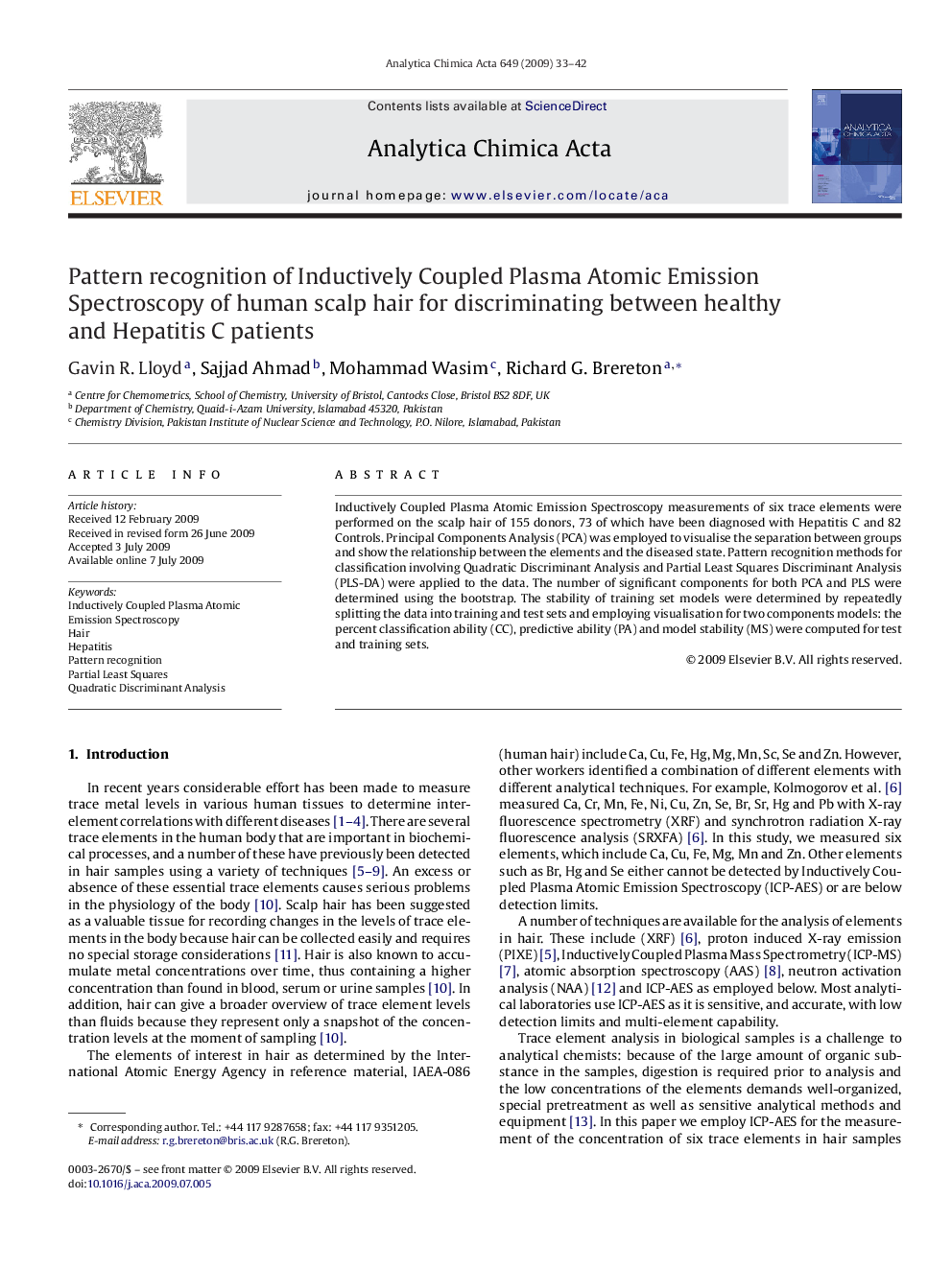 Pattern recognition of Inductively Coupled Plasma Atomic Emission Spectroscopy of human scalp hair for discriminating between healthy and Hepatitis C patients