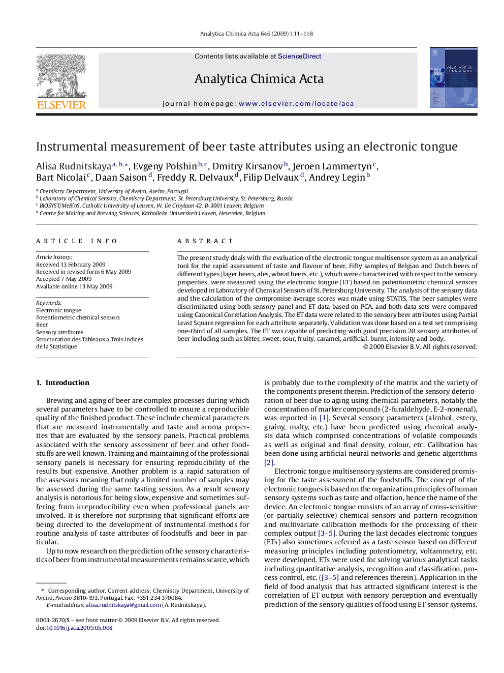 Instrumental measurement of beer taste attributes using an electronic tongue