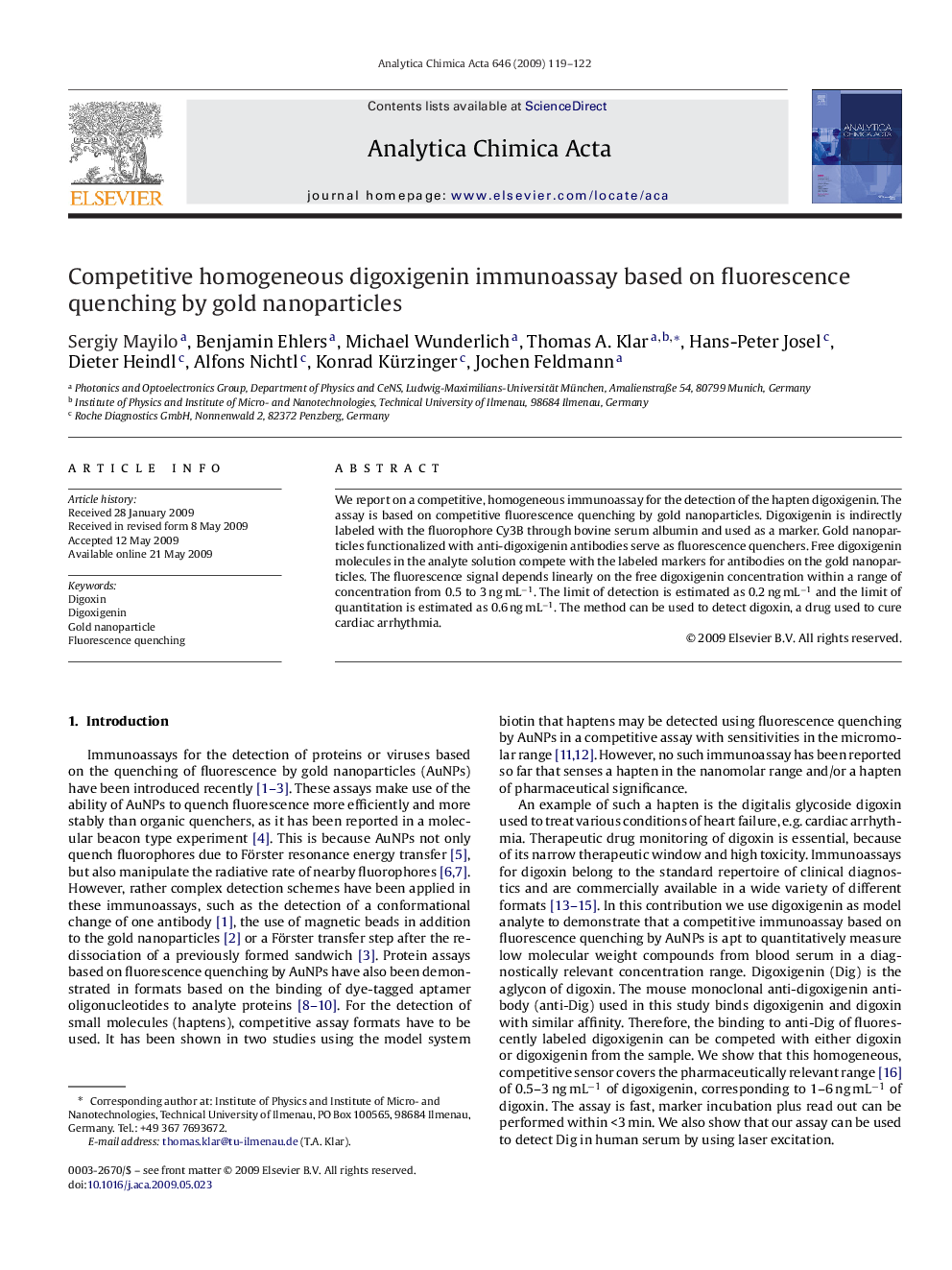 Competitive homogeneous digoxigenin immunoassay based on fluorescence quenching by gold nanoparticles