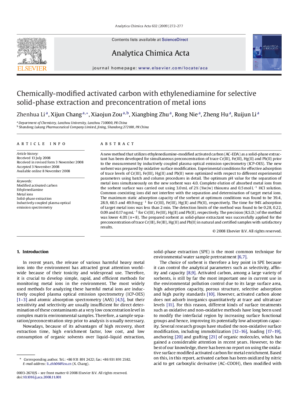 Chemically-modified activated carbon with ethylenediamine for selective solid-phase extraction and preconcentration of metal ions