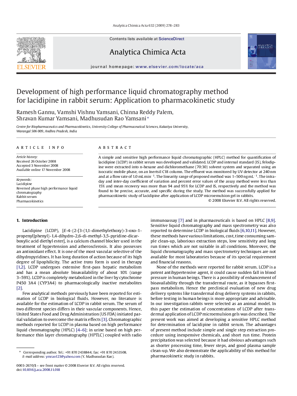 Development of high performance liquid chromatography method for lacidipine in rabbit serum: Application to pharmacokinetic study