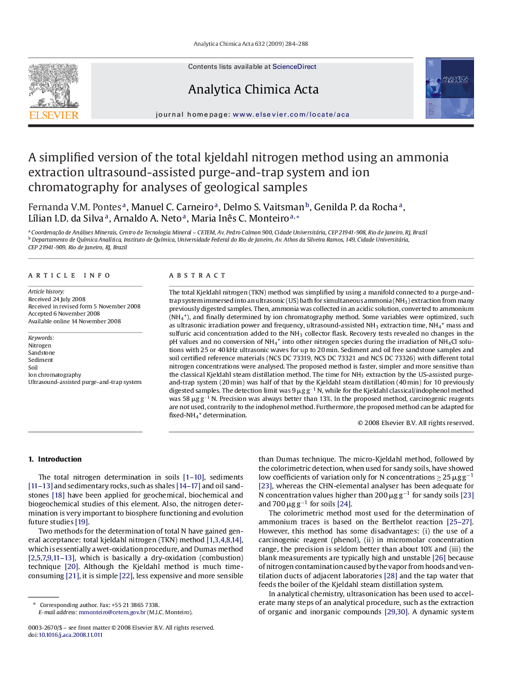 A simplified version of the total kjeldahl nitrogen method using an ammonia extraction ultrasound-assisted purge-and-trap system and ion chromatography for analyses of geological samples