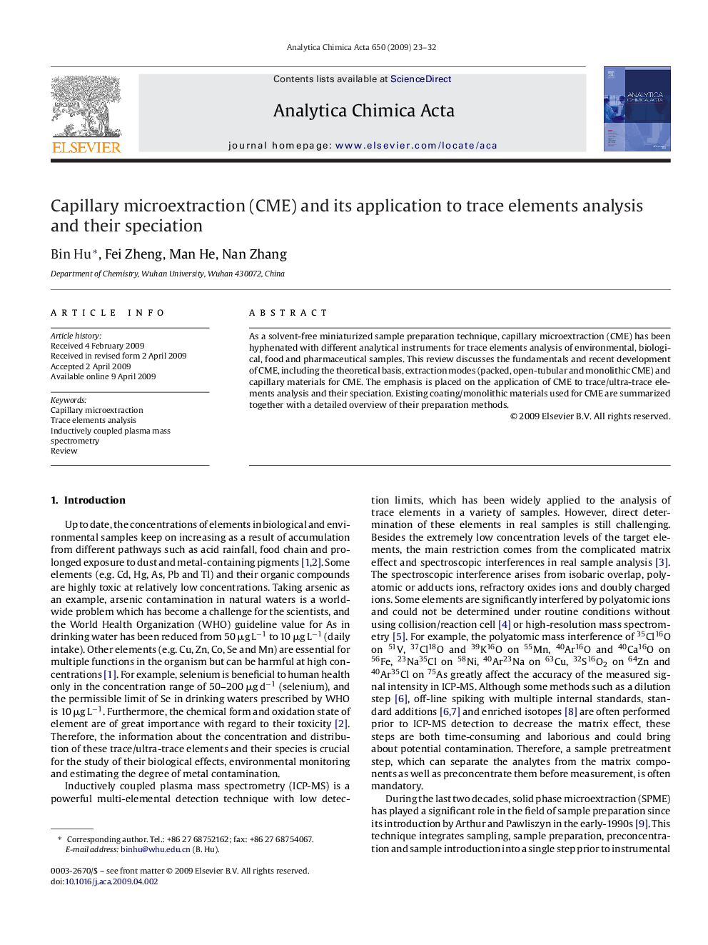 Capillary microextraction (CME) and its application to trace elements analysis and their speciation