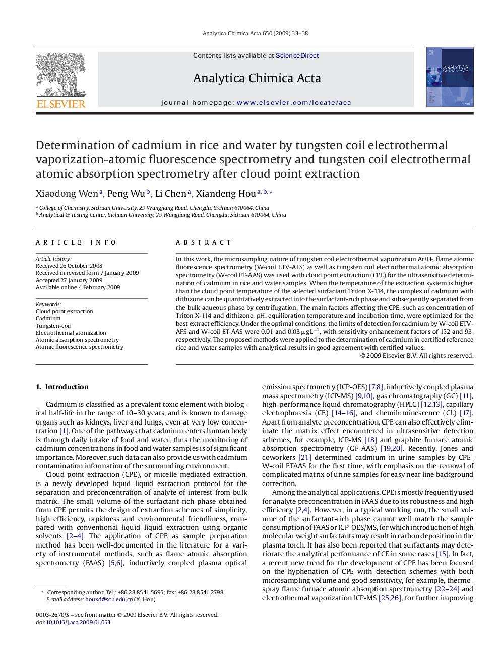 Determination of cadmium in rice and water by tungsten coil electrothermal vaporization-atomic fluorescence spectrometry and tungsten coil electrothermal atomic absorption spectrometry after cloud point extraction