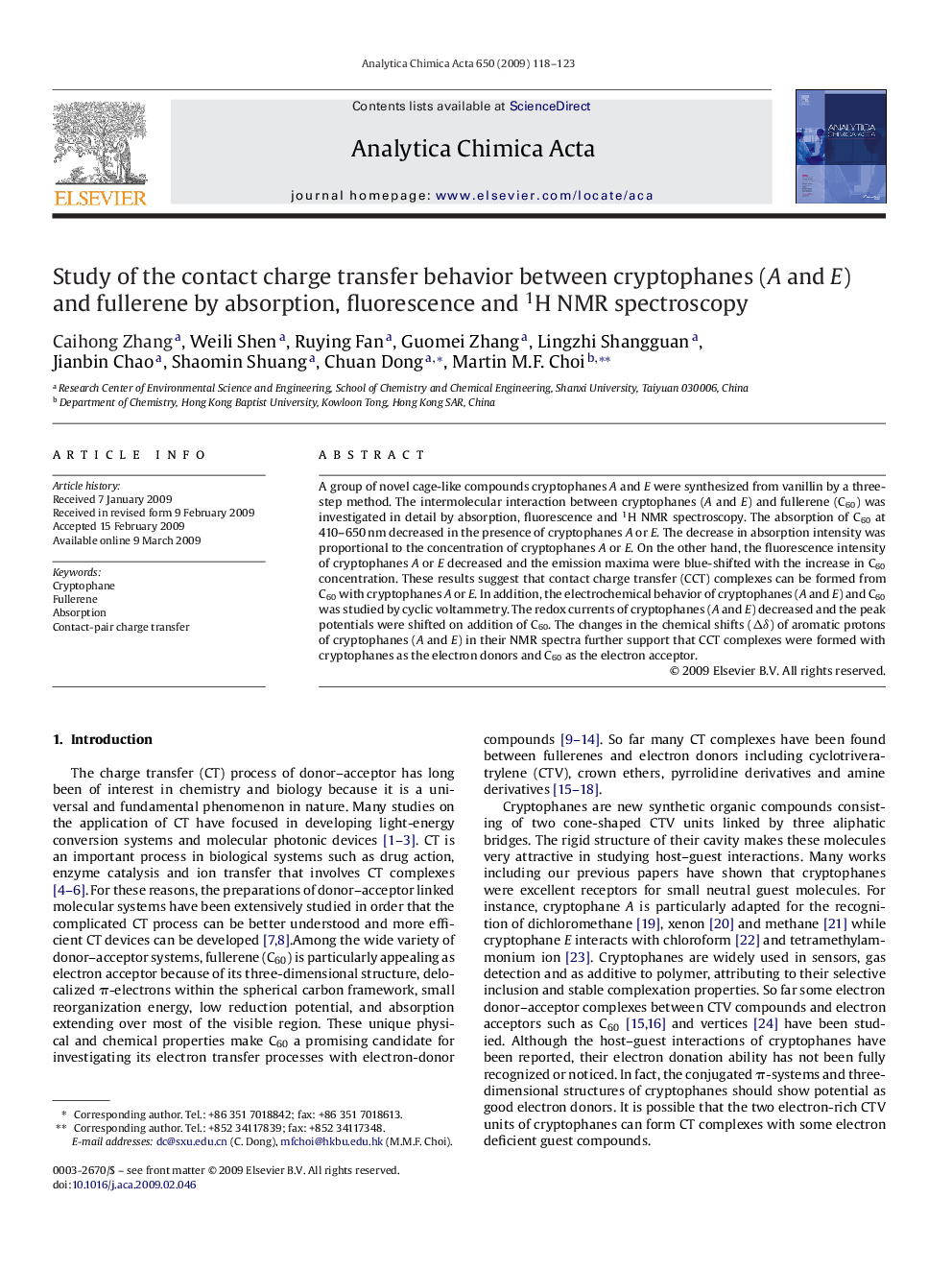 Study of the contact charge transfer behavior between cryptophanes (A and E) and fullerene by absorption, fluorescence and 1H NMR spectroscopy