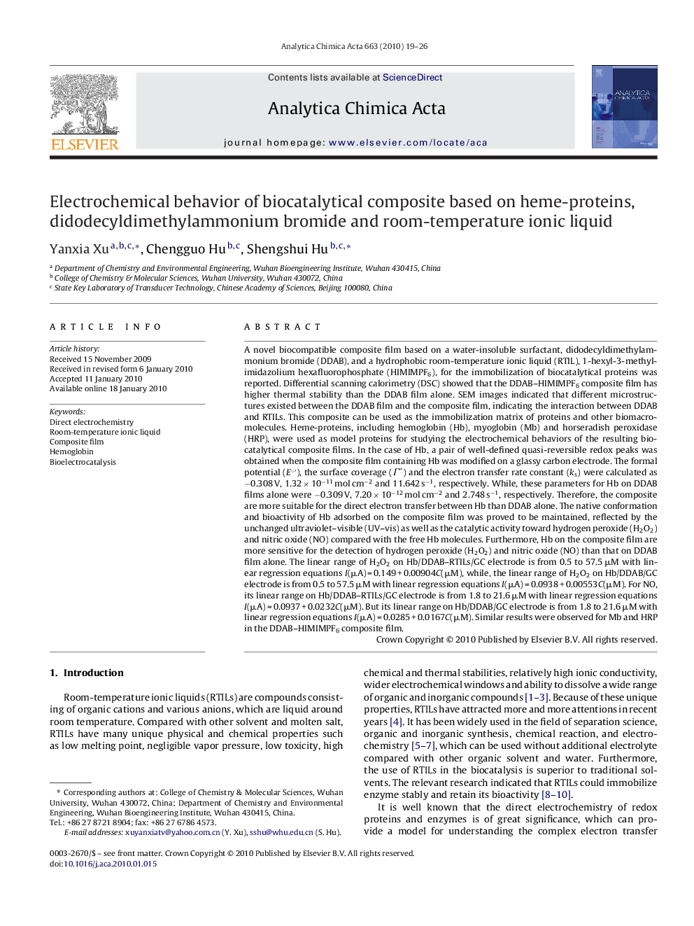 Electrochemical behavior of biocatalytical composite based on heme-proteins, didodecyldimethylammonium bromide and room-temperature ionic liquid