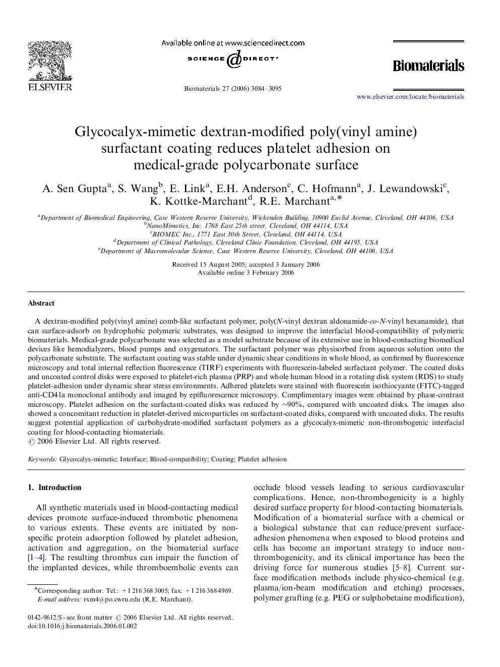 Glycocalyx-mimetic dextran-modified poly(vinyl amine) surfactant coating reduces platelet adhesion on medical-grade polycarbonate surface