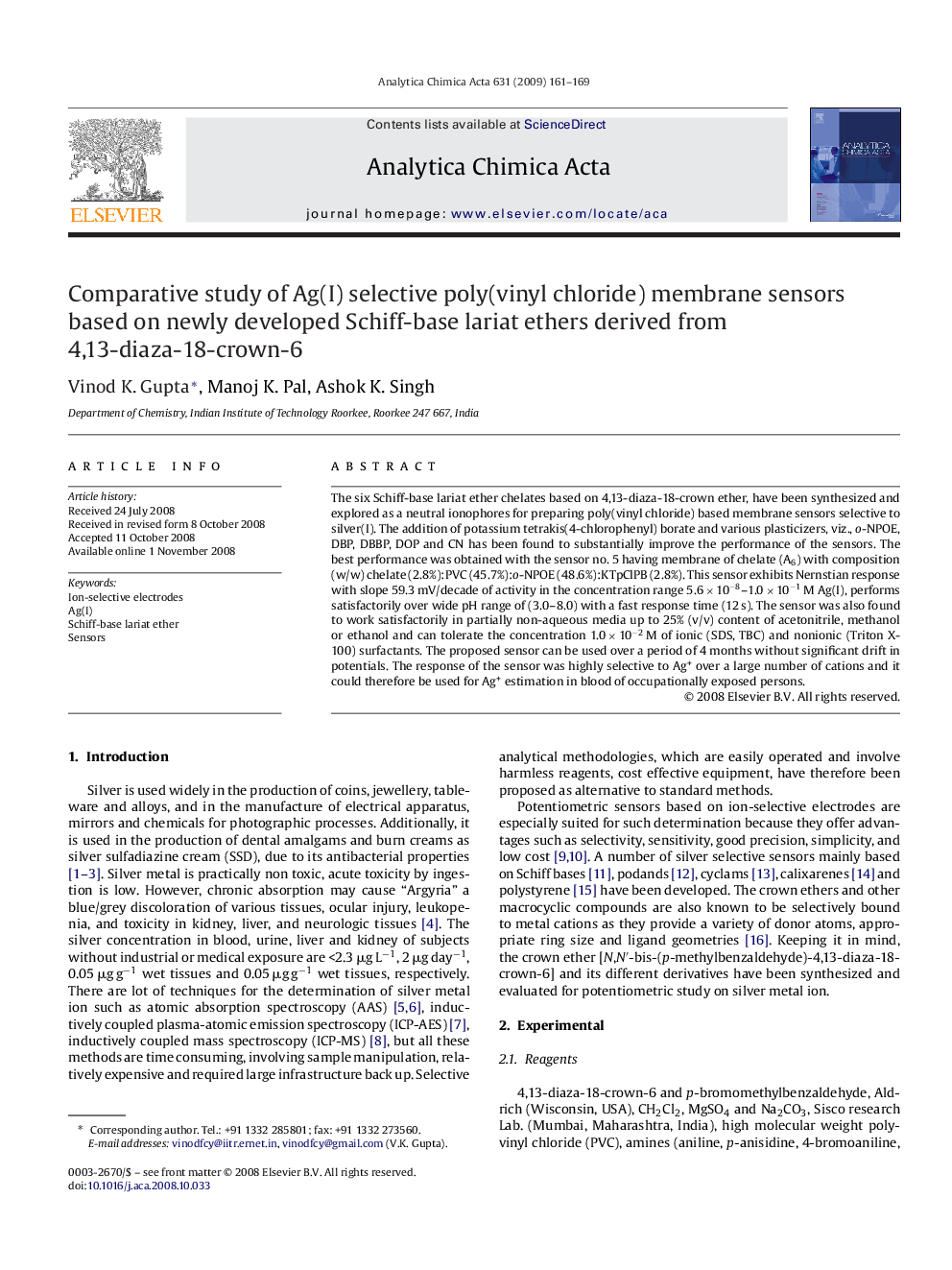 Comparative study of Ag(I) selective poly(vinyl chloride) membrane sensors based on newly developed Schiff-base lariat ethers derived from 4,13-diaza-18-crown-6