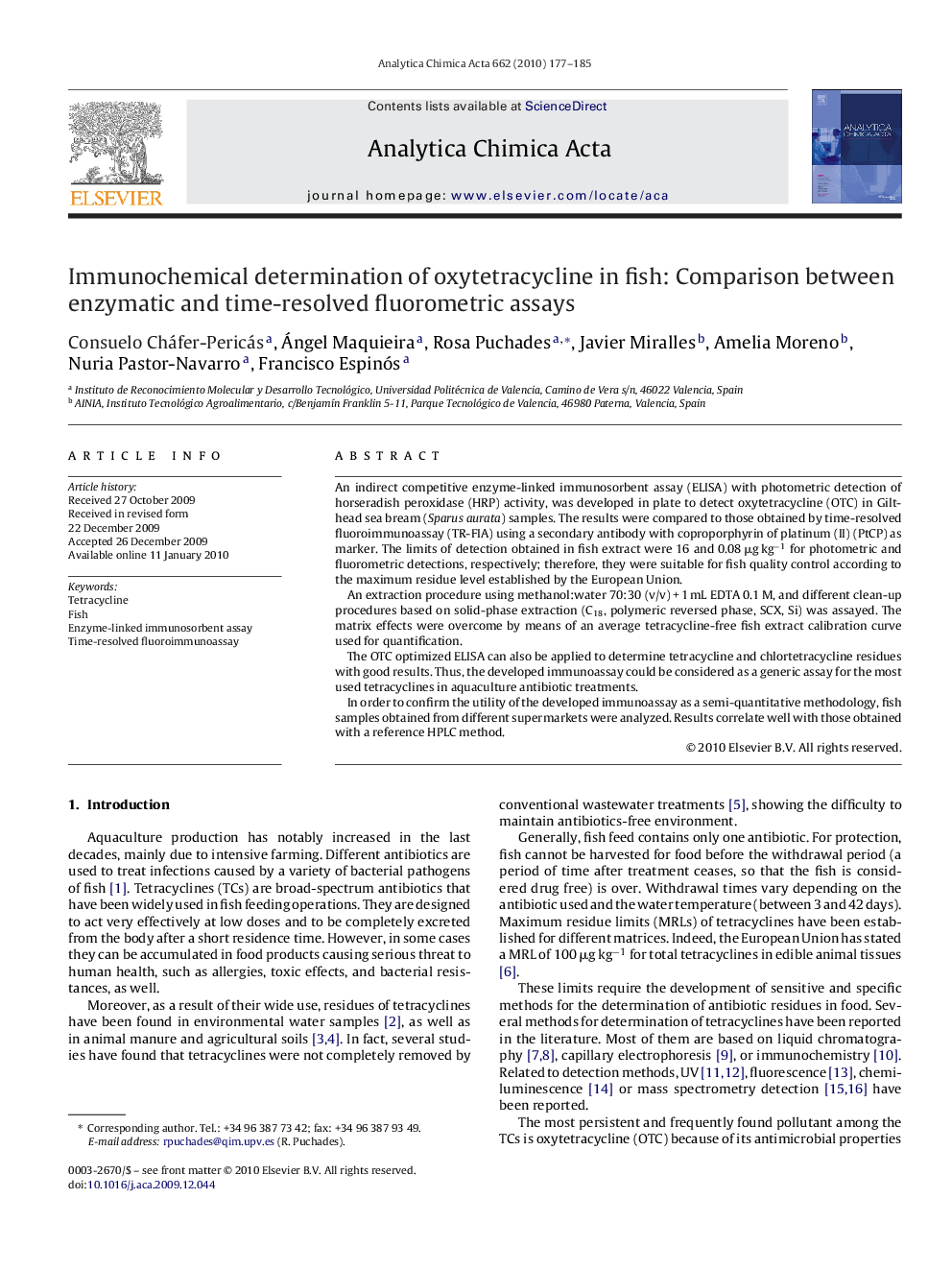 Immunochemical determination of oxytetracycline in fish: Comparison between enzymatic and time-resolved fluorometric assays