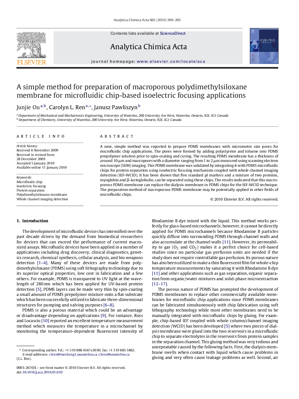 عکس صفحه اول مقاله: A simple method for preparation of macroporous polydimethylsiloxane membrane for microfluidic chip-based isoelectric focusing applications A simple method for preparation of macroporous polydimethylsiloxane membrane for microfluidic chip-based isoelectric focusing applications