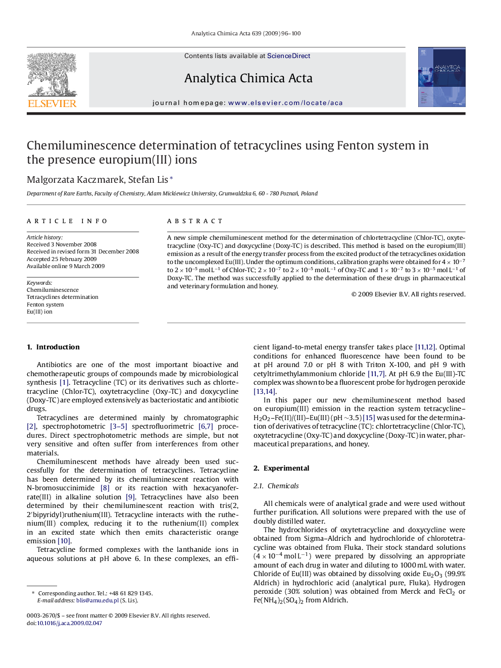 Chemiluminescence determination of tetracyclines using Fenton system in the presence europium(III) ions