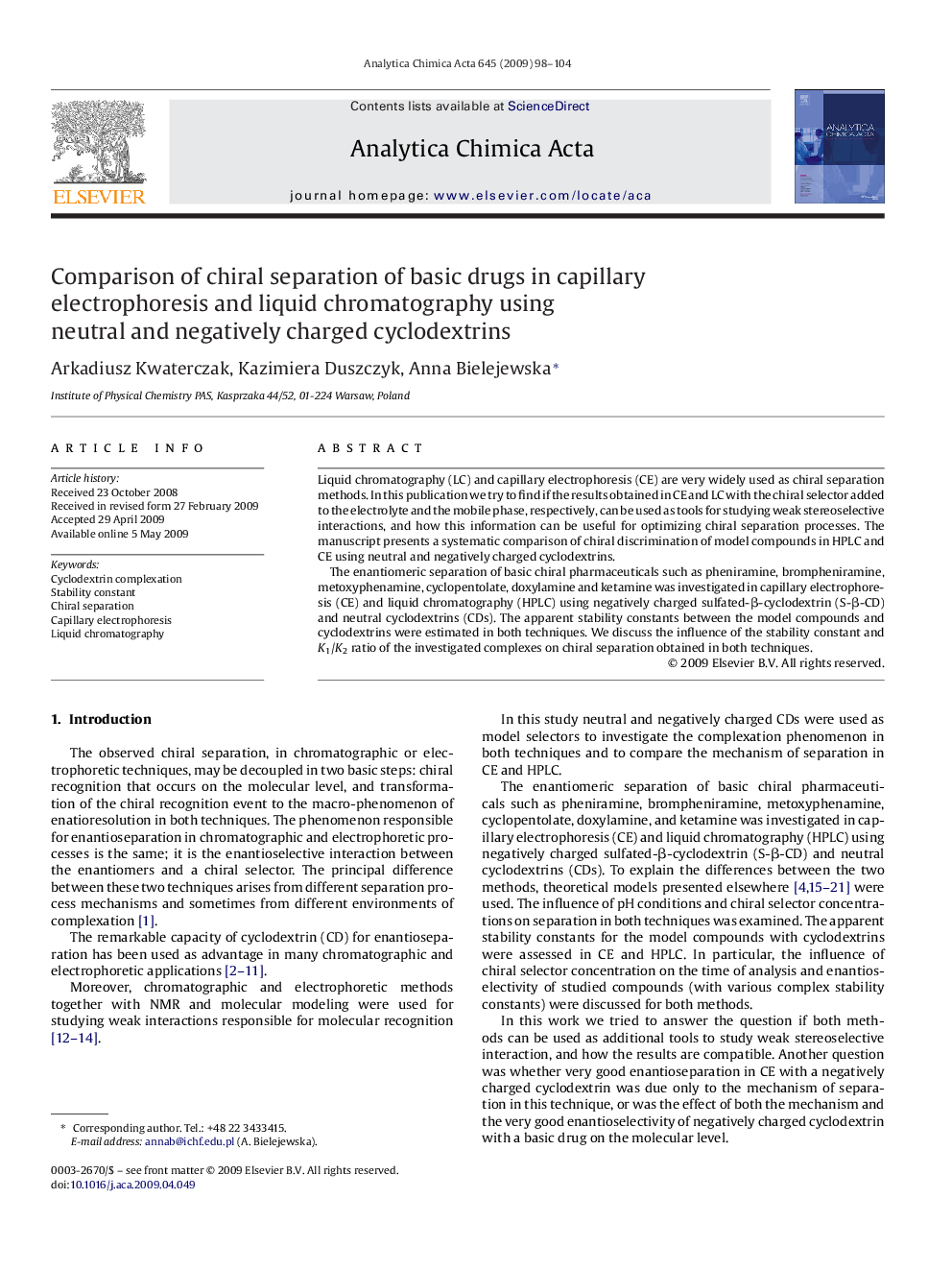 Comparison of chiral separation of basic drugs in capillary electrophoresis and liquid chromatography using neutral and negatively charged cyclodextrins