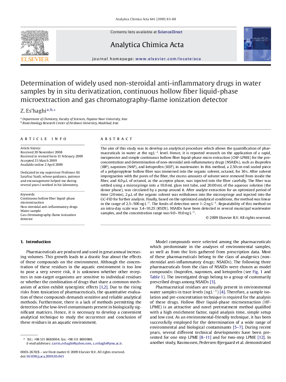 Determination of widely used non-steroidal anti-inflammatory drugs in water samples by in situ derivatization, continuous hollow fiber liquid-phase microextraction and gas chromatography-flame ionization detector