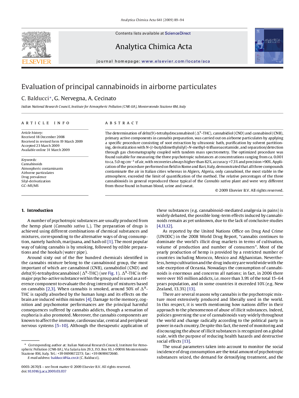 Evaluation of principal cannabinoids in airborne particulates