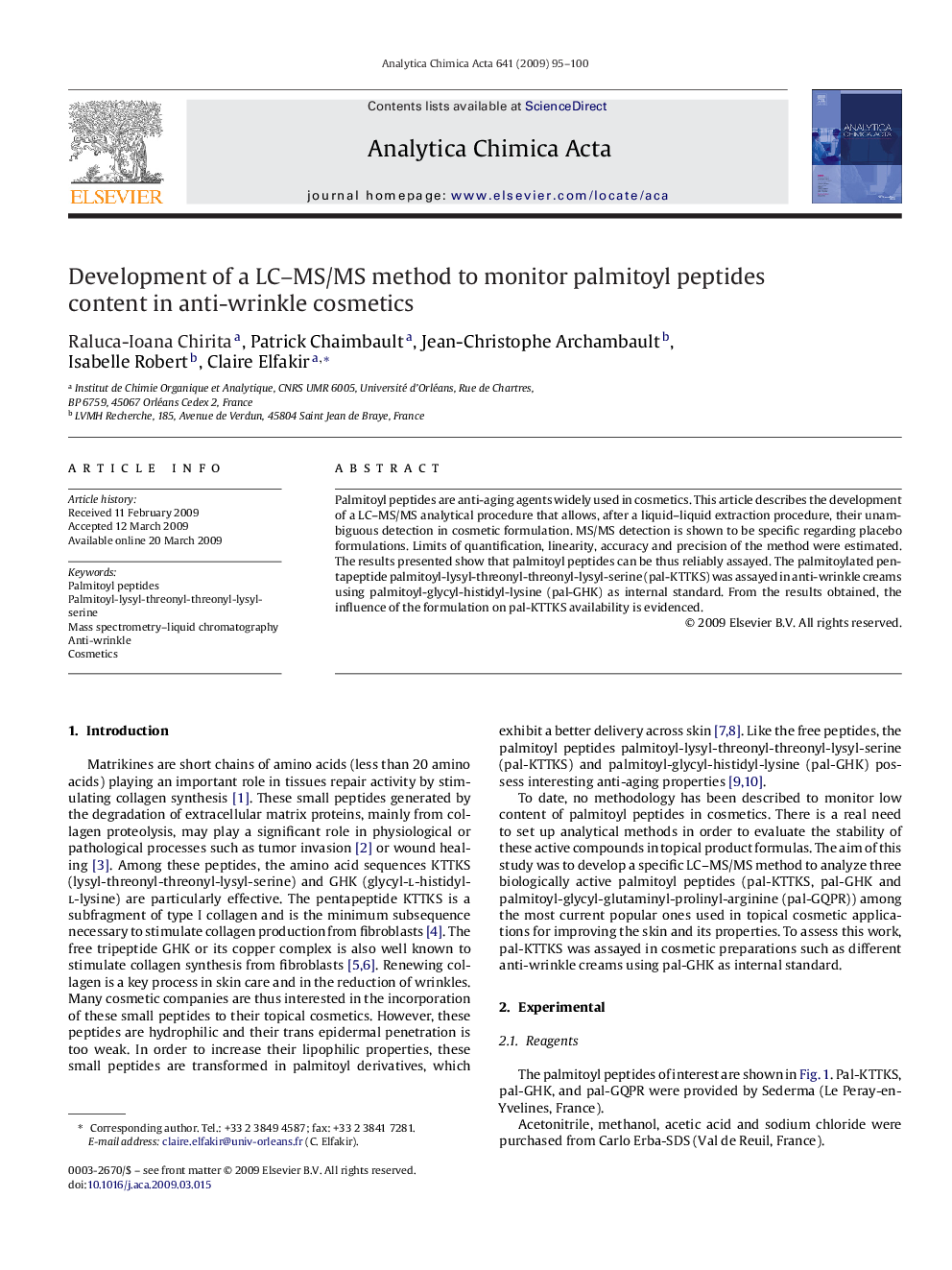 Development of a LC–MS/MS method to monitor palmitoyl peptides content in anti-wrinkle cosmetics